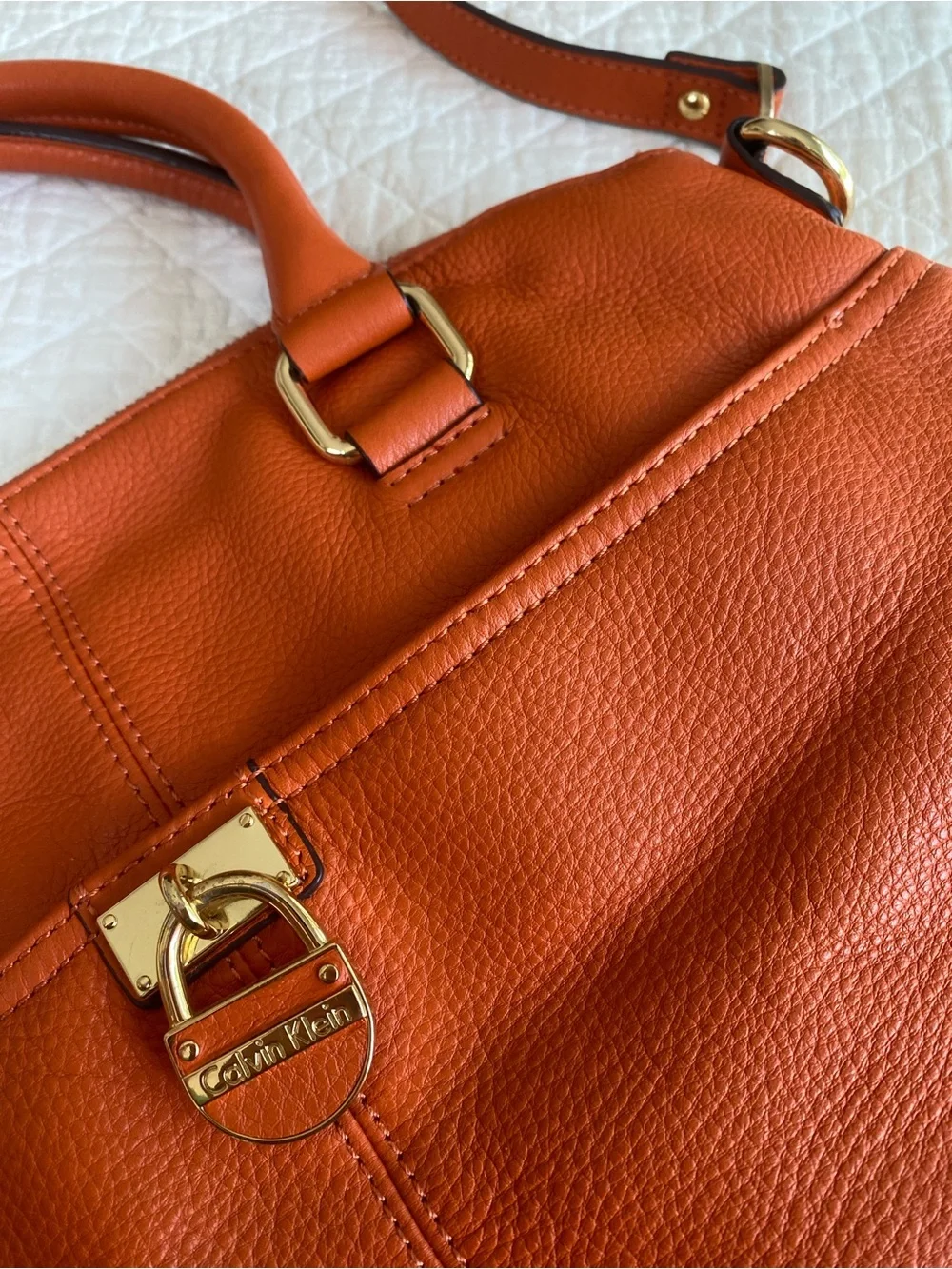 Calvin Klein Burt Orange Leather Satchel Tote Removable Strap Classic Bag Autumn